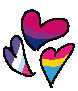 three pixel hearts with the bi flag, pan flag, and multisexual flag